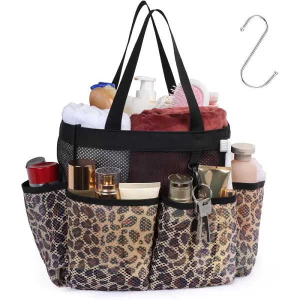 Fcolor Mesh Shower Caddy Portable Upgrade Deeper 7 Pockets Basket Bag Tote for College Dorm Room Toiletry Bathroom Essentials Gym Camp Quick Dry 2 handles with S Hook BlackL  Leopard