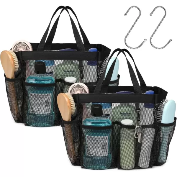 Fcolor Mesh Shower Caddy Portable Upgrade Deeper 7 Pockets Basket Bag Tote for College Dorm Room Toiletry Bathroom Essentials Gym Camp Quick Dry 2 handles with S Hook Black2 Pack Black