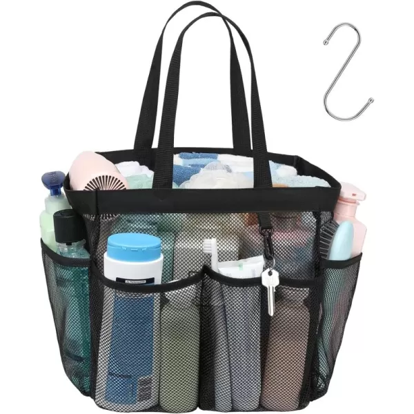 Fcolor Mesh Shower Caddy Portable Upgrade Deeper 7 Pockets Basket Bag Tote for College Dorm Room Toiletry Bathroom Essentials Gym Camp Quick Dry 2 handles with S Hook Black1 Pack XLarge Black
