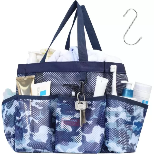 Fcolor Mesh Shower Caddy Portable Upgrade Deeper 7 Pockets Basket Bag Tote for College Dorm Room Toiletry Bathroom Essentials Gym Camp Quick Dry 2 handles with S Hook BlackL  Dark Blue Camouflage