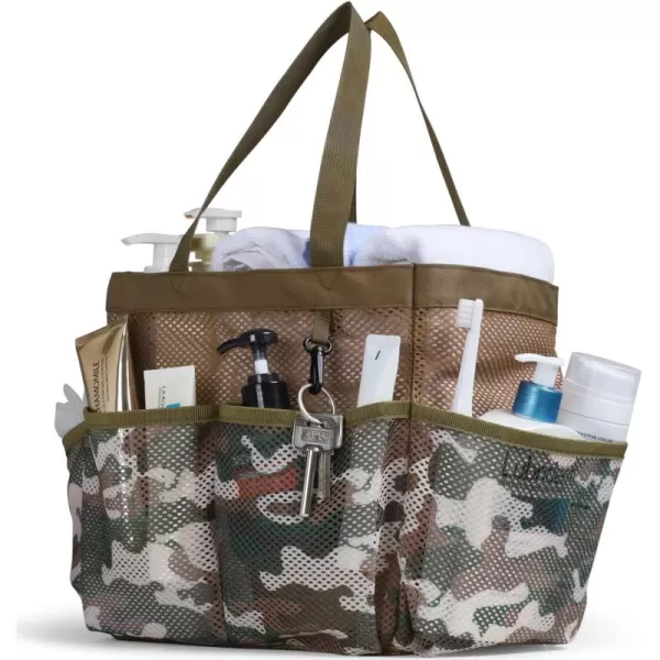 Fcolor Mesh Shower Caddy Portable Upgrade Deeper 7 Pockets Basket Bag Tote for College Dorm Room Toiletry Bathroom Essentials Gym Camp Quick Dry 2 handles with S Hook BlackL  Brown Camouflage
