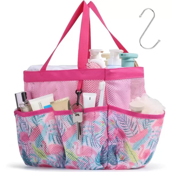 Fcolor Mesh Shower Caddy Portable Upgrade Deeper 7 Pockets Basket Bag Tote for College Dorm Room Toiletry Bathroom Essentials Gym Camp Quick Dry 2 handles with S Hook BlackL  Pink Flamingo