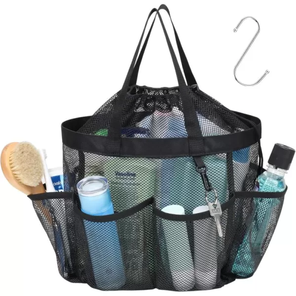 Fcolor Mesh Shower Caddy Portable Upgrade Deeper 7 Pockets Basket Bag Tote for College Dorm Room Toiletry Bathroom Essentials Gym Camp Quick Dry 2 handles with S Hook BlackBlack with Drawstring