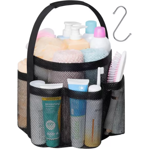 Fcolor Mesh Shower Caddy Portable Upgrade Deeper 7 Pockets Basket Bag Tote for College Dorm Room Toiletry Bathroom Essentials Gym Camp Quick Dry 2 handles with S Hook Black1 Pack L Black