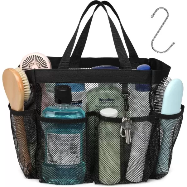 Fcolor Mesh Shower Caddy Portable Upgrade Deeper 7 Pockets Basket Bag Tote for College Dorm Room Toiletry Bathroom Essentials Gym Camp Quick Dry 2 handles with S Hook Black1 Pack Black
