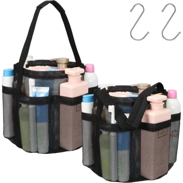 Fcolor Mesh Shower Caddy Portable Upgrade Deeper 7 Pockets Basket Bag Tote for College Dorm Room Toiletry Bathroom Essentials Gym Camp Quick Dry 2 handles with S Hook Black2 Pack L Black