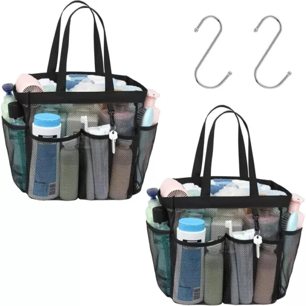 Fcolor Mesh Shower Caddy Portable Upgrade Deeper 7 Pockets Basket Bag Tote for College Dorm Room Toiletry Bathroom Essentials Gym Camp Quick Dry 2 handles with S Hook Black2 Packs XLarge Black