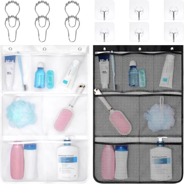 Fcolor Shower Organizer for Cruise Ship Essentials  with 3 Adhesive Hooks and 3 Metal Loop Hangers Quick Dry Mesh Shower Caddy Hanging 7 Pockets Bathroom Bag Tote for Shampoo Soap WhiteWhite  Black  2 Pack