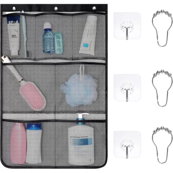 Fcolor Shower Organizer for Cruise Ship Essentials  with 3 Adhesive Hooks and 3 Metal Loop Hangers Quick Dry Mesh Shower Caddy Hanging 7 Pockets Bathroom Bag Tote for Shampoo Soap WhiteBlack