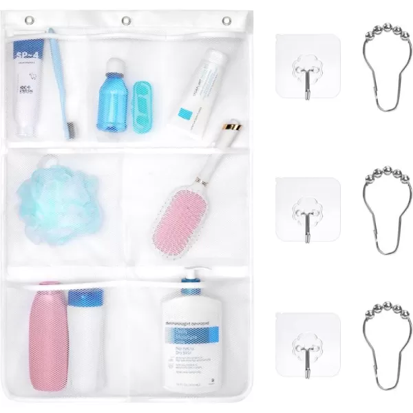 Fcolor Shower Organizer for Cruise Ship Essentials  with 3 Adhesive Hooks and 3 Metal Loop Hangers Quick Dry Mesh Shower Caddy Hanging 7 Pockets Bathroom Bag Tote for Shampoo Soap WhiteBeautiful White
