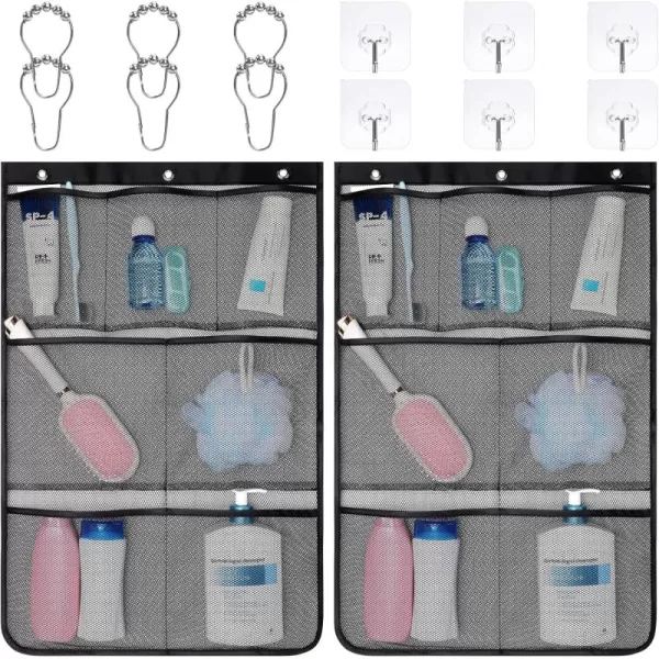Fcolor Shower Organizer for Cruise Ship Essentials  with 3 Adhesive Hooks and 3 Metal Loop Hangers Quick Dry Mesh Shower Caddy Hanging 7 Pockets Bathroom Bag Tote for Shampoo Soap WhiteBlack  2 Pack