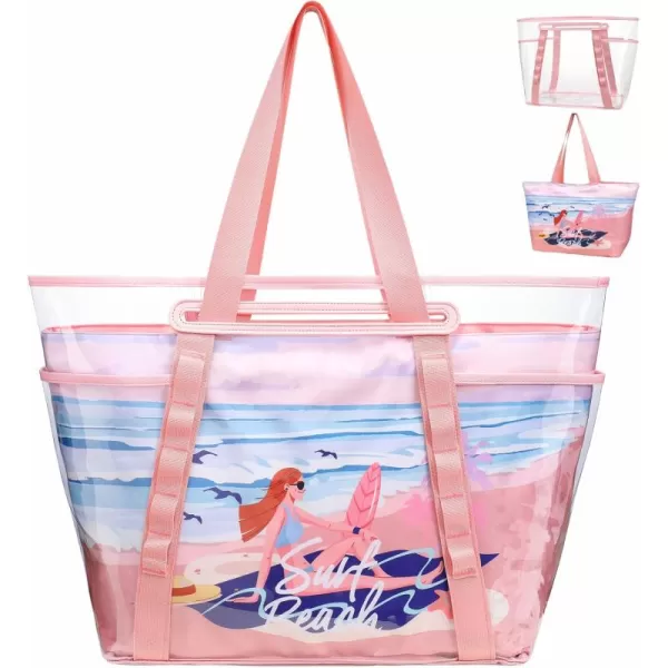 Fcolor Waterproof Beach Bags for Women  Machine Washable Travel Tote Bag with Zipper Packable for Beach Cruise SwimPink