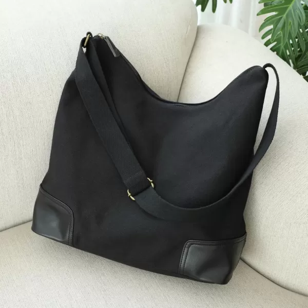 Fcolor Canvas Crossbody Hobo Bag with Zipper  5 Pockets Large 16quot Tablet Crossbody Tote Bag Women for Travel College BagBlack