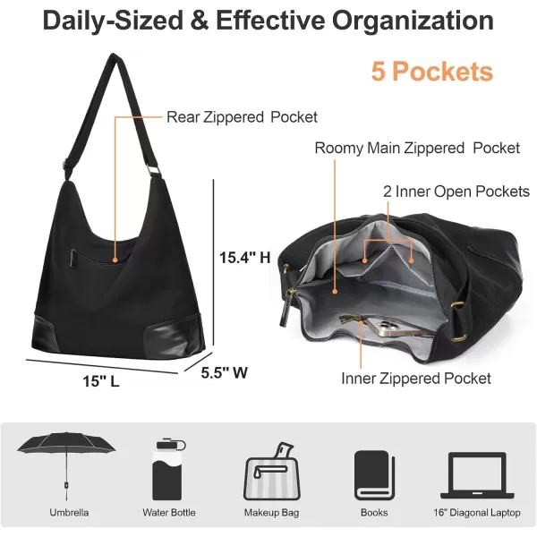 Fcolor Canvas Crossbody Hobo Bag with Zipper  5 Pockets Large 16quot Tablet Crossbody Tote Bag Women for Travel College BagBlack