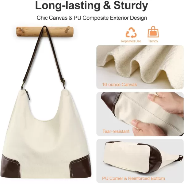 Fcolor Canvas Crossbody Hobo Bag with Zipper  5 Pockets Large 16quot Tablet Crossbody Tote Bag Women for Travel College BagIvory