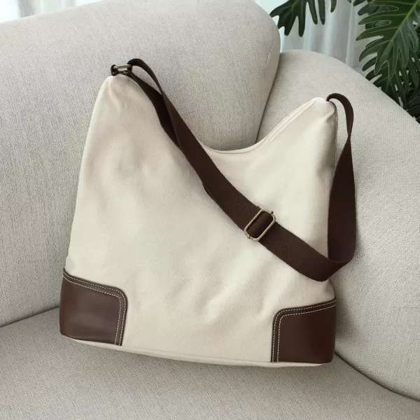 Fcolor Canvas Crossbody Hobo Bag with Zipper  5 Pockets Large 16quot Tablet Crossbody Tote Bag Women for Travel College BagIvory