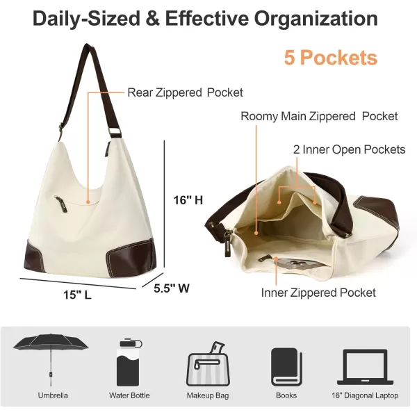 Fcolor Canvas Crossbody Hobo Bag with Zipper  5 Pockets Large 16quot Tablet Crossbody Tote Bag Women for Travel College BagIvory