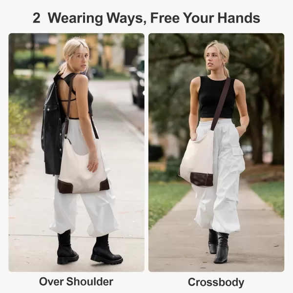 Fcolor Canvas Crossbody Hobo Bag with Zipper  5 Pockets Large 16quot Tablet Crossbody Tote Bag Women for Travel College BagIvory