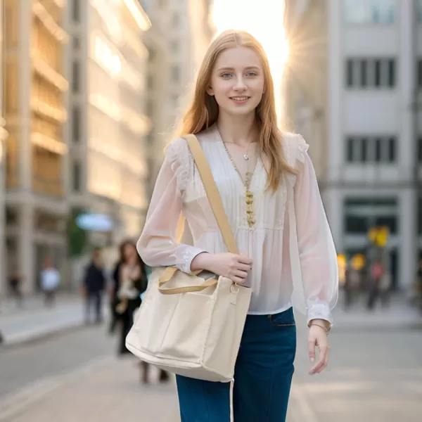 Fcolor Canvas Tote Bag with Zipper 7 Pockets Everything Tote Bag with Compartment for Women College Teacher Work Bag02mediumbeige