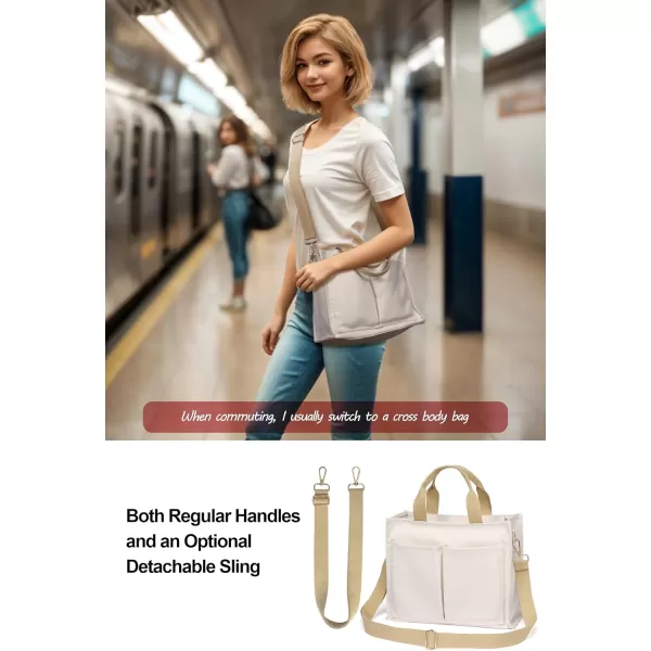 Fcolor Canvas Tote Bag with Zipper 7 Pockets Everything Tote Bag with Compartment for Women College Teacher Work Bag02mediumbeige