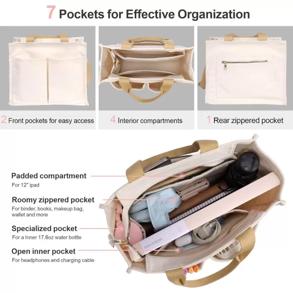 Fcolor Canvas Tote Bag with Zipper 7 Pockets Everything Tote Bag with Compartment for Women College Teacher Work Bag02mediumbeige