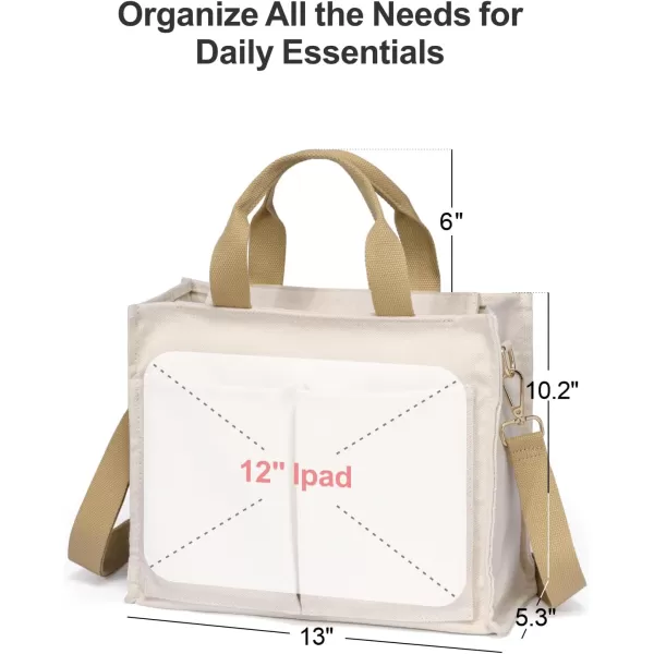 Fcolor Canvas Tote Bag with Zipper 7 Pockets Everything Tote Bag with Compartment for Women College Teacher Work Bag02mediumbeige