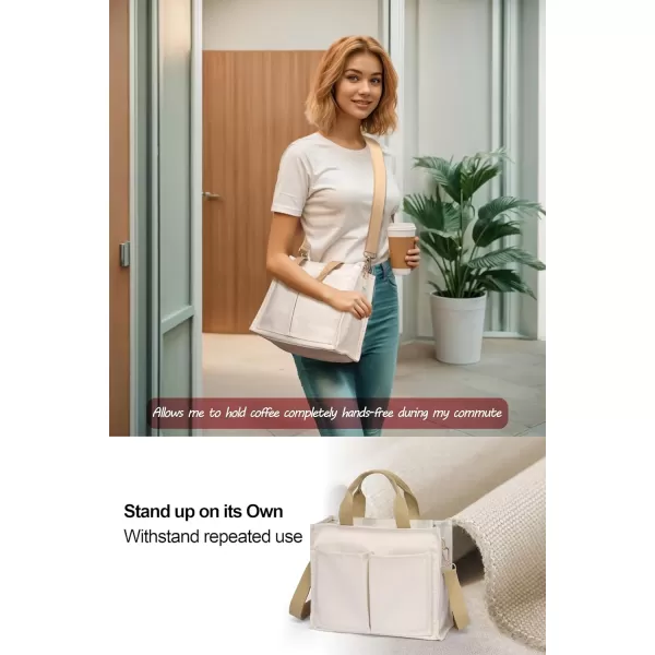 Fcolor Canvas Tote Bag with Zipper 7 Pockets Everything Tote Bag with Compartment for Women College Teacher Work Bag02mediumbeige