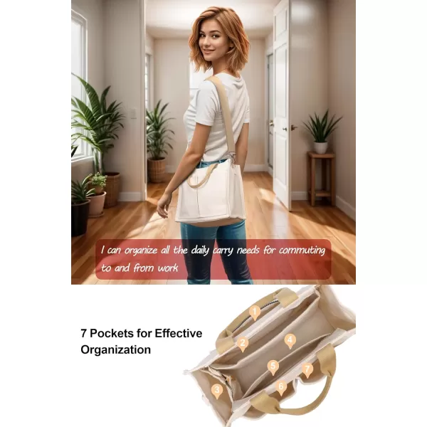 Fcolor Canvas Tote Bag with Zipper 7 Pockets Everything Tote Bag with Compartment for Women College Teacher Work Bag02mediumbeige