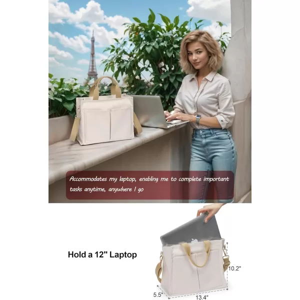 Fcolor Canvas Tote Bag with Zipper 7 Pockets Everything Tote Bag with Compartment for Women College Teacher Work Bag02mediumbeige