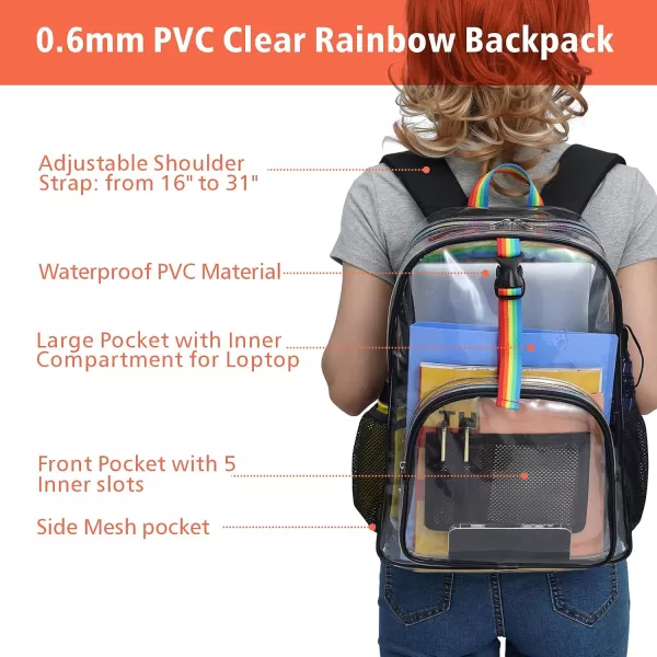 Fcolor Clear Backpack Large Clear Backpack Heavy Duty with Lunch Bag for College Work Stadium Travel Transparent Backpack with Rainbow Straps Black