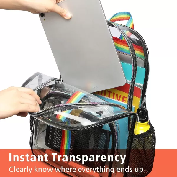Fcolor Clear Backpack Large Clear Backpack Heavy Duty with Lunch Bag for College Work Stadium Travel Transparent Backpack with Rainbow Straps Black