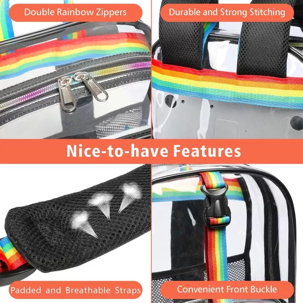 Fcolor Clear Backpack Large Clear Backpack Heavy Duty with Lunch Bag for College Work Stadium Travel Transparent Backpack with Rainbow Straps Black