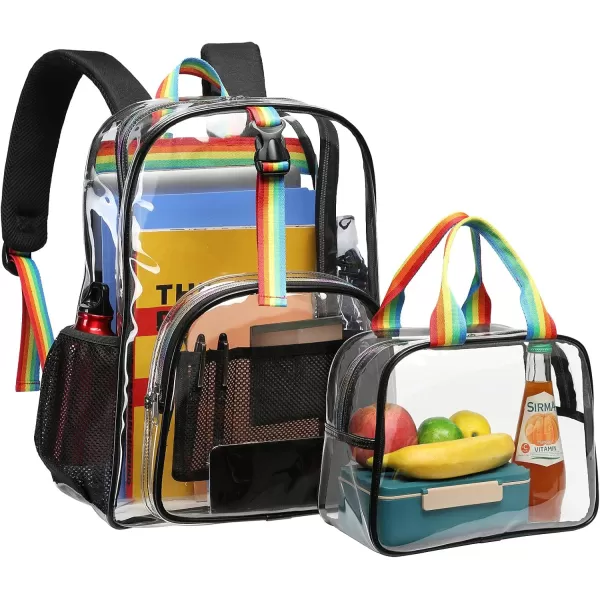 Fcolor Clear Backpack Large Clear Backpack Heavy Duty with Lunch Bag for College Work Stadium Travel Transparent Backpack with Rainbow Straps Black