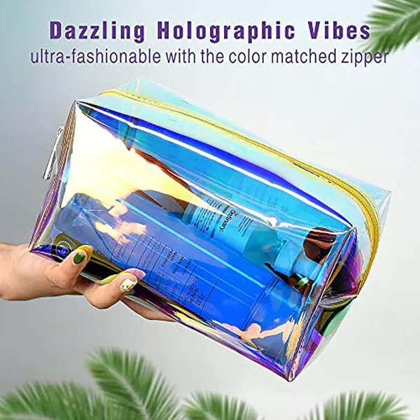 Fcolor Holographic Makeup Bag  Clear Makeup Bag for Women  Travel Clear Cosmetic Bag  Waterproof Large Clear Makeup Pouch with Zipper Gold