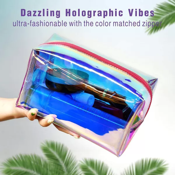 Fcolor Holographic Makeup Bag  Clear Makeup Bag for Women  Travel Clear Cosmetic Bag  Waterproof Large Clear Makeup Pouch with Zipper Rose Gold