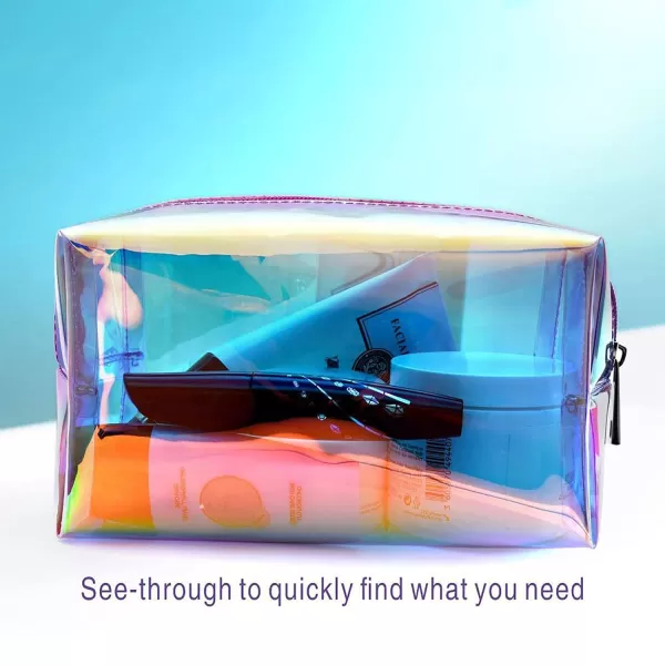Fcolor Holographic Makeup Bag  Clear Makeup Bag for Women  Travel Clear Cosmetic Bag  Waterproof Large Clear Makeup Pouch with Zipper Rose Gold