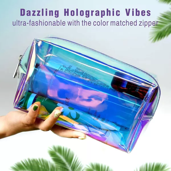 Fcolor Holographic Makeup Bag for Women  Travel Clear Cosmetic Bag  Waterproof Large Clear Makeup Pouch with Zipper Purple