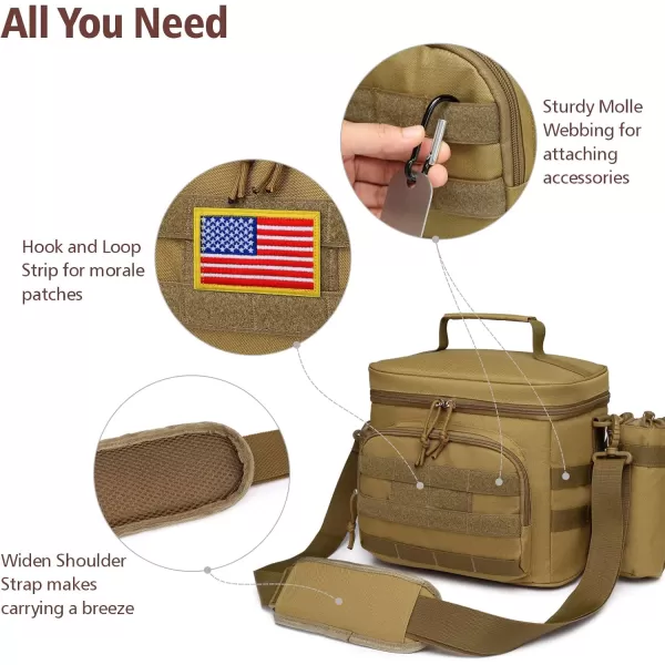 Fcolor Lunch Bag for Men Insulated Box Tactical Durable Large Cooler for Women Adult 8mm Thick Insulation Leakproof Lunch Pail with Detachable MOLLE Bottle Holder for Work Hiking Fishing Brown
