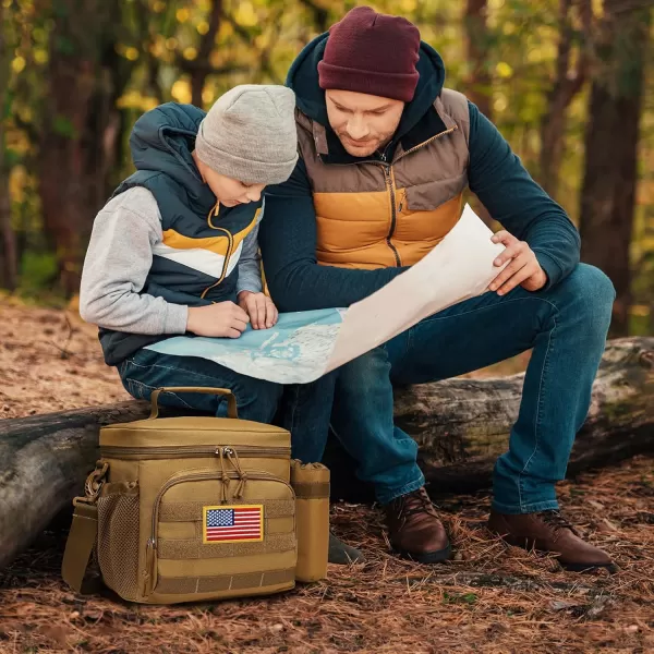 Fcolor Lunch Bag for Men Insulated Box Tactical Durable Large Cooler for Women Adult 8mm Thick Insulation Leakproof Lunch Pail with Detachable MOLLE Bottle Holder for Work Hiking Fishing Brown