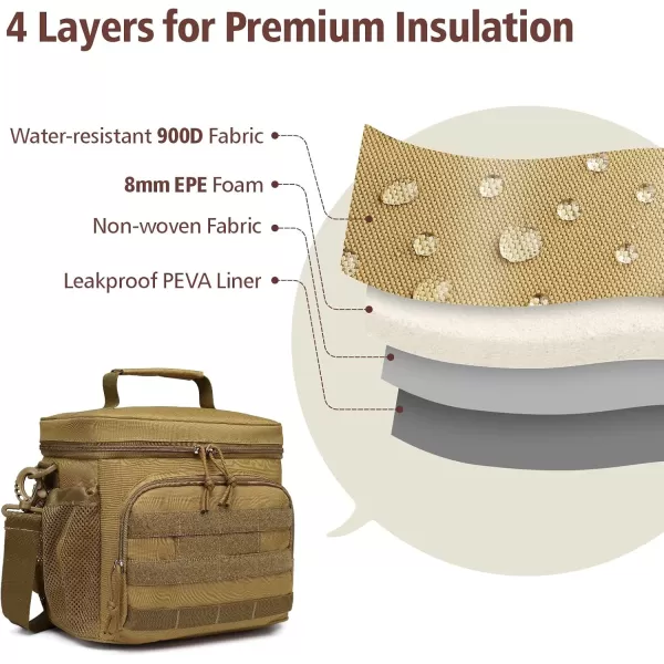 Fcolor Lunch Bag for Men Insulated Box Tactical Durable Large Cooler for Women Adult 8mm Thick Insulation Leakproof Lunch Pail with Detachable MOLLE Bottle Holder for Work Hiking Fishing Brown