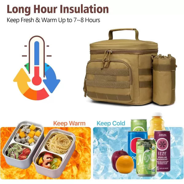 Fcolor Lunch Bag for Men Insulated Box Tactical Durable Large Cooler for Women Adult 8mm Thick Insulation Leakproof Lunch Pail with Detachable MOLLE Bottle Holder for Work Hiking Fishing Brown