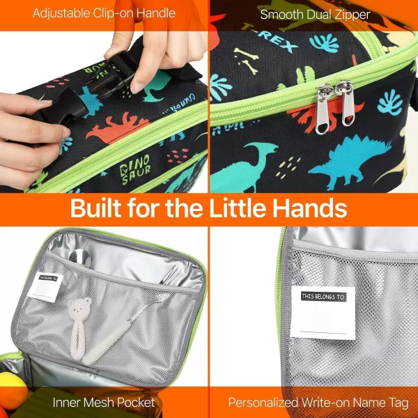 Fcolor Lunch Bags Kids Insulated Lunch Boxes Bag Girls Boys Stylish Food Grade Kids lunch boxes for Toddler Girls Boys School Black Dinosaur