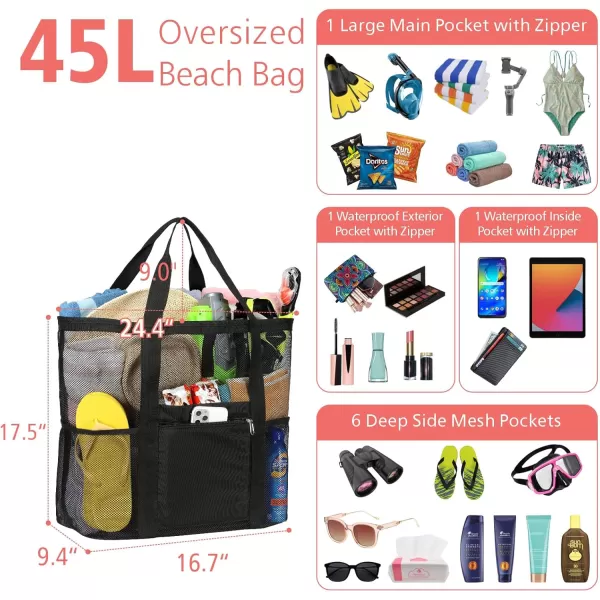 Fcolor Mesh Beach Bag Family  Beach Tote Bag 9 Pockets Beach Towel Bag XLBlack Basic Handle