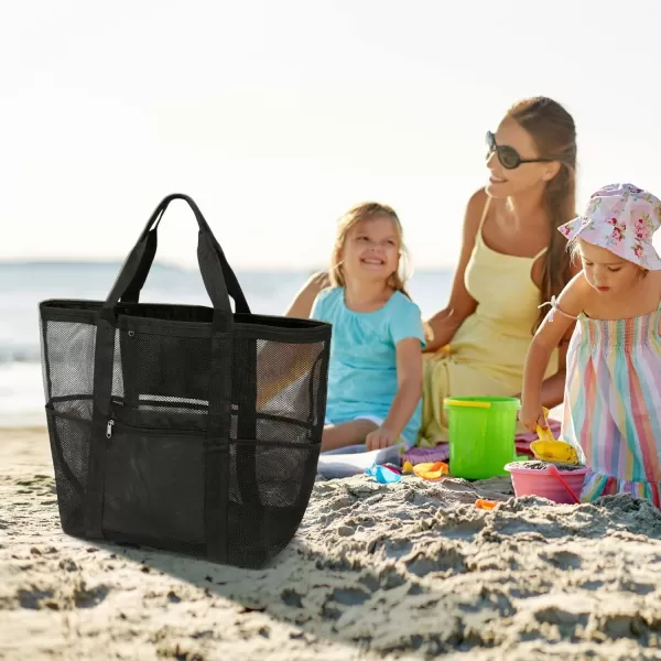 Fcolor Mesh Beach Bag Family  Beach Tote Bag 9 Pockets Beach Towel Bag XLBlack Basic Handle