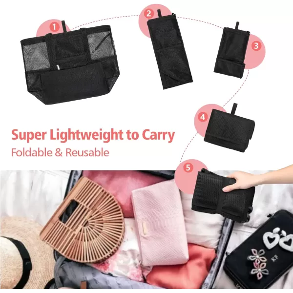Fcolor Mesh Beach Bag Family  Beach Tote Bag 9 Pockets Beach Towel Bag XLBlack Basic Handle