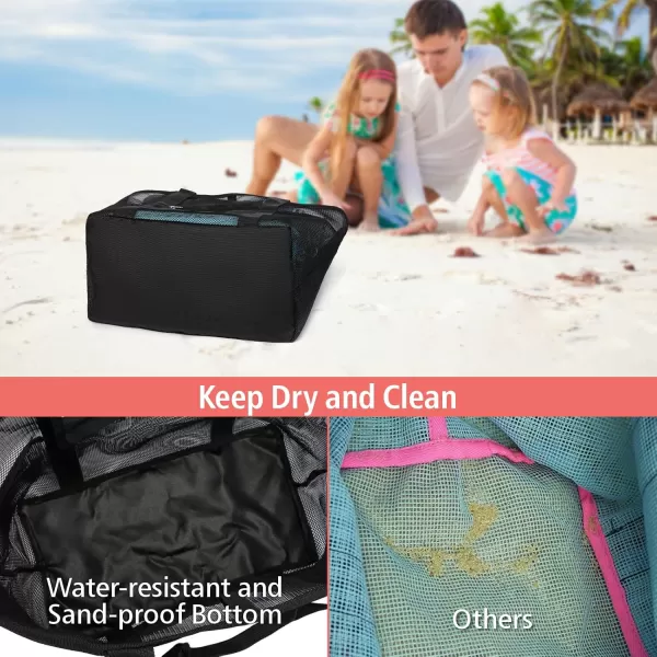 Fcolor Mesh Beach Bag Family  Beach Tote Bag 9 Pockets Beach Towel Bag XLBlack Basic Handle