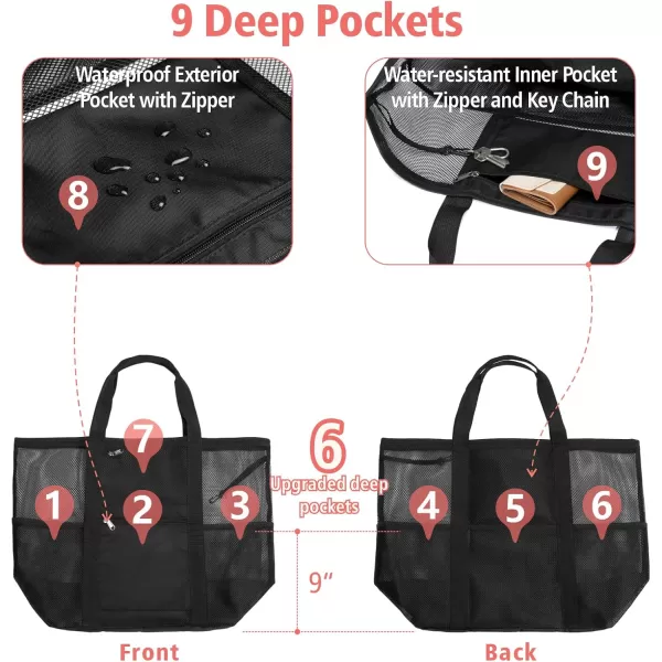 Fcolor Mesh Beach Bag Family  Beach Tote Bag 9 Pockets Beach Towel Bag XLBlack Basic Handle