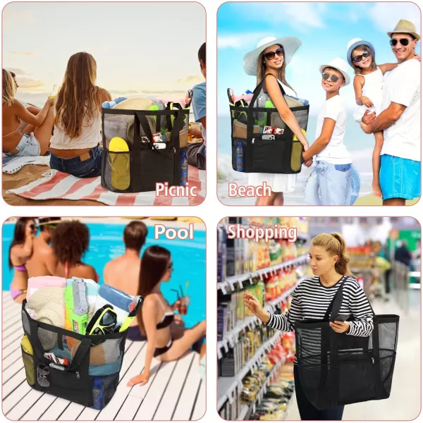 Fcolor Mesh Beach Bag Family  Beach Tote Bag 9 Pockets Beach Towel Bag XLBlack Basic Handle