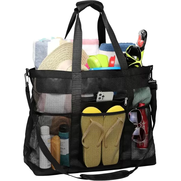 Fcolor Mesh Beach Bag Family  Beach Tote Bag 9 Pockets Beach Towel Bag XLBlack Handle With Cushion