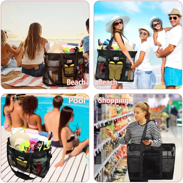 Fcolor Mesh Beach Bag Family  Beach Tote Bag 9 Pockets Beach Towel Bag XLBlack Handle With Cushion
